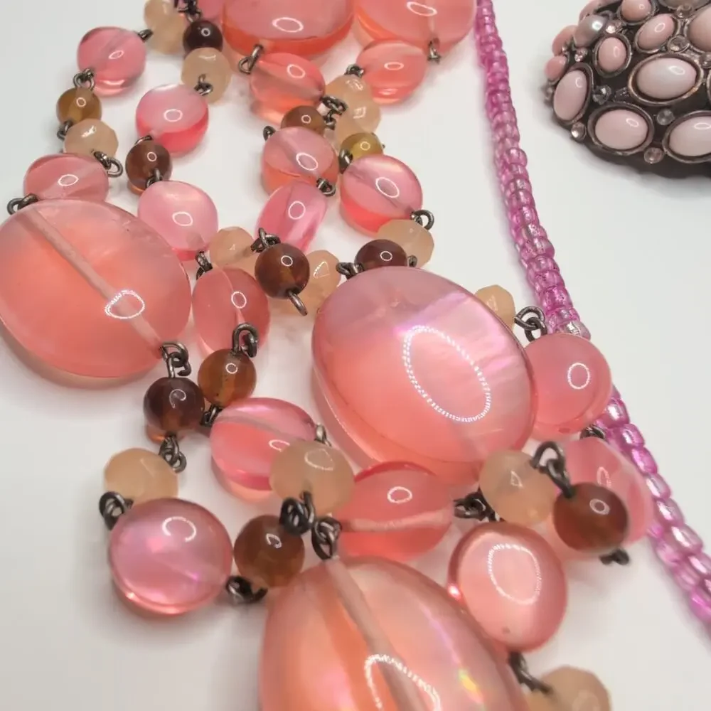 Pink Rhinestone Necklace Pendant Ring Lot Fairy Coquette Barbie Rose‎